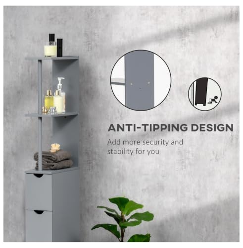 Bathroom Storage Cabinet, 54" Tall Linen Tower, Freestanding Organizer with Drawers & Shelves, Narrow Side Cabinet, Grey