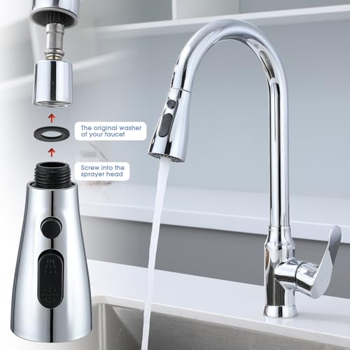Kitchen Faucet Sprayer Head Replacement, 3 Function Pull Down Sink Faucet Spray Head with Detachable Aerator, Universal Fit, Chrome/Brushed Nickel Finish, Leak-Proof Nozzle for Kitchen Sink