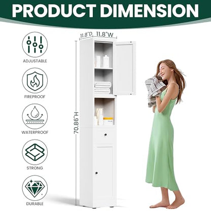 Tall Metal Bathroom Cabinet, 71" Tall Slim Freestanding Locker with 2 Door & 1 Drawer, Narrow Storage Cabinet with Adjustable Shelves, for Small Spaces, Bathroom, Living Room, Modern - White - color: White