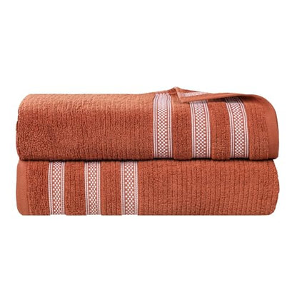 Superior Cotton Bath Sheet Set, Zero Twist, Ribbed Geometric, Oversized Large Absorbent Body Towels, Luxury Soft Quick Dry, Shower, Spa, Hotel, Pool, Guest Bathroom, Home Essentials, Set of 2, Rust