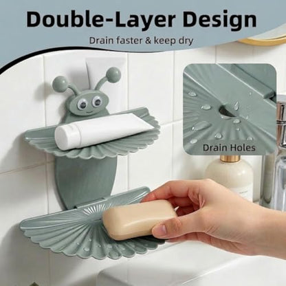 Double-Deck Soap Dish Holder for Shower, Bee Shape Wall Mounted Soap Holder with Strong Adhesive, Self Draining Soap Tray, No Drilling Bathroom Accessories, Nordic Blue - size: 7"×6.5"
