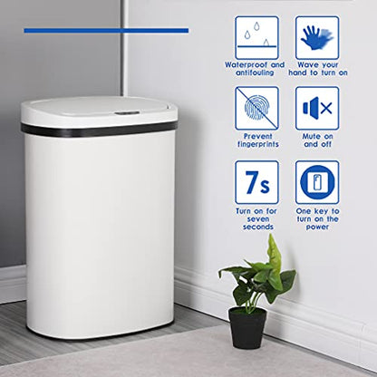 13 Gallon Stainless Steel Trash Can with Lid,Touch Free Automatic Kitchen Trash Can,Fingerprint-Resistant Soft Close Lid Garbage Can, 50L Large Capacity Garbage Can for Kitchen Home Office(White) - color: White