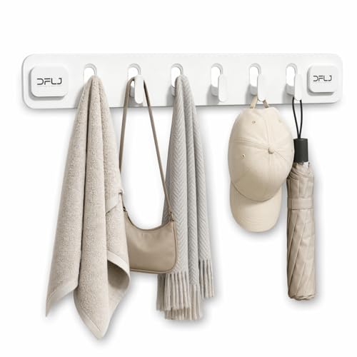 White Long Strip with 6 Hooks Suction Cup Hooks No Drill Damage Free Removable Shower Wall Hooks for Bathrooms Towel Loofah Bath Brush Clothes and Over Door Storage