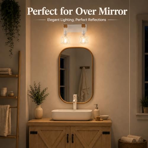 Farmhouse Vanity Light Fixture,2-Light Bathroom Lighting,White Modern Wood Wall Light Over Mirror with Metal Shade - color: White, size: 2-Light-Wide 12"