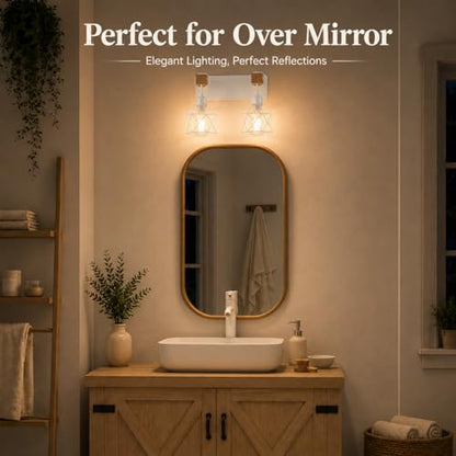 Farmhouse Vanity Light Fixture,2-Light Bathroom Lighting,White Modern Wood Wall Light Over Mirror with Metal Shade - color: White, size: 2-Light-Wide 12"