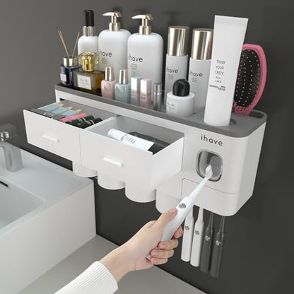 iHave Toothbrush Holders Wall Mounted with Toothpaste Dispenser & 4 Cups | All-in-One Bathroom Organizer: 4 Cups, 7 Slots, Toothpaste Dispenser, Large Tray & Drawer. Wall Mount, No Drilling Required - color: White, size: 4 cup
