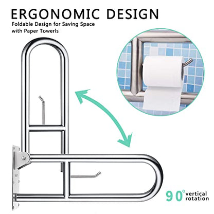 23.6 INCH Stainless Toilet Safety Rails, WochiTV Handicap Grab Bars for Elderly, Disabled Flip-Up Bathroom Grab Bar with Paper Holder,Toilet Handrails Hand Grips Handle Shower Assist Aid - style: 23.6 In Toilet Grab Bar