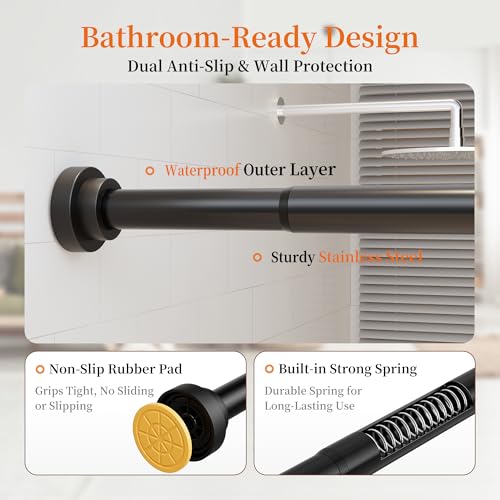 STARLATTA 2 Pack Shower Curtain Rods:43-80 Inch No Drilling Tension Rods, 1" Diameter Heavy Duty Adjustable, Stainless Steel Rust-Proof Spring Anti-Slip Curtain Rod for Bathroom (Black,80'') - color: Black, size: 43''-80''