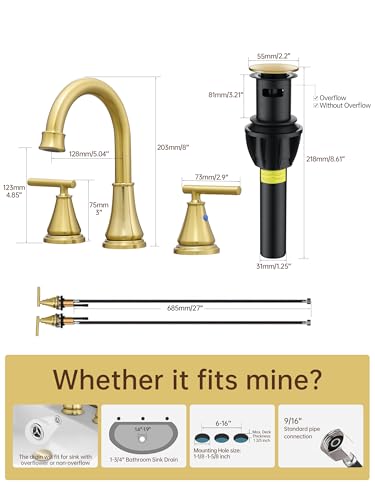 Widespread Bathroom Sink Faucet 3 Hole, Brushed Gold Bathroom Faucet with Metal Pop-Up Drain, 2 Handle for 6-16" RV Vanity Sink - color: Brushed Gold