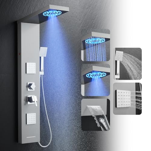 ROVOGO Shower Panel Tower System With Led Lights, 5 Shower Modes, Brushed | Rainfall Mist Shower Head, 3 Body Jets, Handheld and Tub Spout, Stainless Steel Shower Column With Mixing Valve, 46.5 Inch - style: Brusehd- With Led Lights