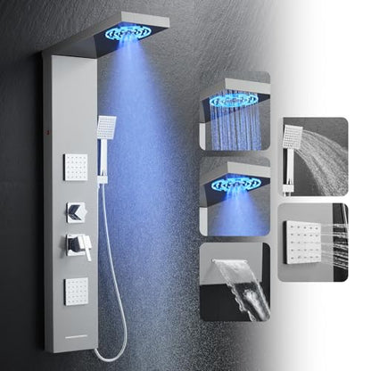 ROVOGO Shower Panel Tower System With Led Lights, 5 Shower Modes, Brushed | Rainfall Mist Shower Head, 3 Body Jets, Handheld and Tub Spout, Stainless Steel Shower Column With Mixing Valve, 46.5 Inch - style: Brusehd- With Led Lights