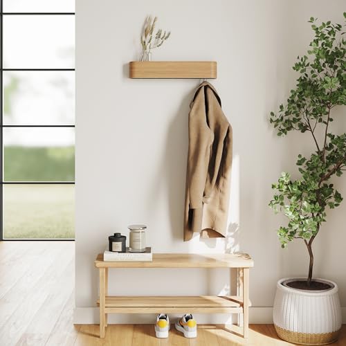 Kazai. Wall-Mounted Coat Rack 'Toke' - Modern Design Coat Rack with Hidden Wall Hooks - Solid Wood Veneer Panel Coat Hanger - Oak - color: Oak, size: 5 Hooks
