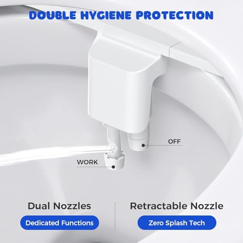 Bidet Attachment for Toilet Seat, Non-Electric Cold Water Bidet with Pressure Controls, Dual Nozzles for Frontal & Rear Wash, Retractable Self-Cleaning for Female & Old- White