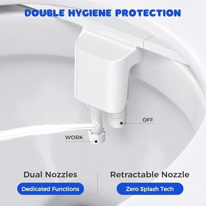 Bidet Attachment for Toilet Seat, Non-Electric Cold Water Bidet with Pressure Controls, Dual Nozzles for Frontal & Rear Wash, Retractable Self-Cleaning for Female & Old- White