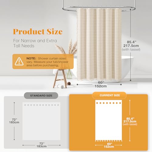 60x84 Boho Farmhouse Linen Heavy Duty Shower Curtain Set, Cream/Beige | Narrow Long Size, 330GSM Linen Blend, 3-side Tassels, Water Repellent Fabric, 10 Hooks, Rustic Bohemian, Machine Washable - color: A - Cream, size: 60"W x 84"L (Pack of 1)