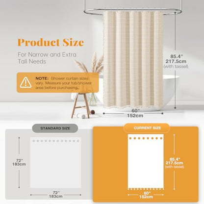 60x84 Boho Farmhouse Linen Heavy Duty Shower Curtain Set, Cream/Beige | Narrow Long Size, 330GSM Linen Blend, 3-side Tassels, Water Repellent Fabric, 10 Hooks, Rustic Bohemian, Machine Washable - color: A - Cream, size: 60"W x 84"L (Pack of 1)
