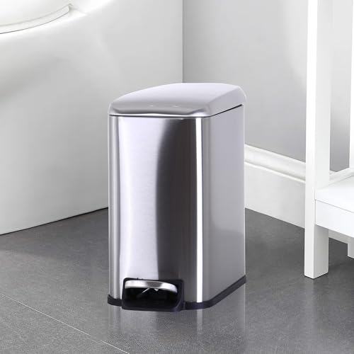 Small Bathroom Trash Can with Lid, 5 Liter/1.3 Gallon Stainless Steel Small Garbage Can with Removable Inner Bucket & Soft-Close Foot Pedal, Slim Trash Can for Bathroom, Bedroom, Office (Silver) - color: Silver, size: 1 Pack