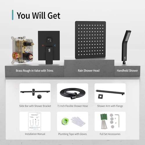 SR SUN RISE 12 Inch Square Shower System with Slide Bar,Matte Black | Rain Head and Handle System,16" Adjustable Shower Slide Bar,Soild Brass,Wall Mount,Included Valve and Trim Kit - color: Matte Black, size: 12 Inch