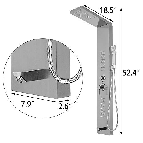 Rainfall Shower Panel Tower Stainless Steel Multi-Function Shower Panel System with Body Massage Jets Tub Resort