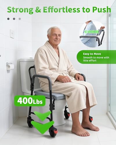 Bedside Commode - Rolling Shower Chair with Wheels - Portable Toilet for Elderly - Rear Locking Wheels 7-qt Commode Bucket Included, HDB-601A