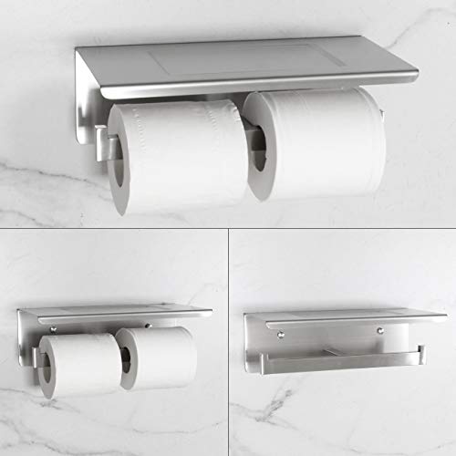 Bathroom Toilet Paper Holder with Shelf, Stainless Steel Double Roll Toilet Tissue Holder Dual Wall Mounted for Mobile Phone Storage, Brushed Finish - color: Brushed