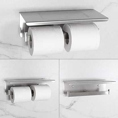 Bathroom Toilet Paper Holder with Shelf, Stainless Steel Double Roll Toilet Tissue Holder Dual Wall Mounted for Mobile Phone Storage, Brushed Finish - color: Brushed