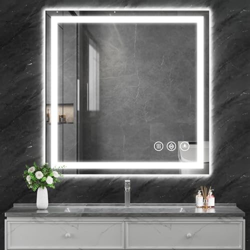 Koonmi 36x36 LED Bathroom Mirror, Shatterproof Mirror with Light | 90CRI Vanity Mirror with Anti-fog Backlit + Front Lit, 3 Color, Easy Install for Bathroom Hotel (IP65) - size: 36"L x 36"W