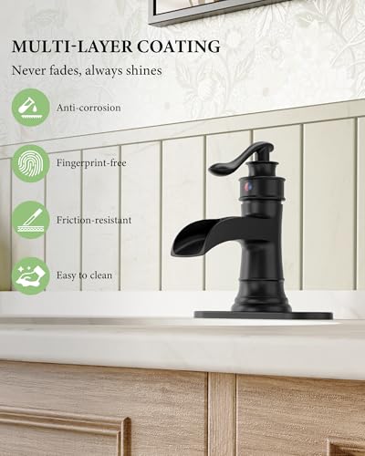 Black Bathroom Faucet Matte Waterfall Sink Farmhouse Vanity Single Hole | Faucets One Handle Basin Antique centerset with Pop Up Drain Stopper Mixer Tap Overflow Supply Line by Homevacious - color: Matte Black