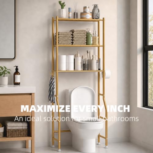 GloTika 3-Tier Over Toilet Storage, Anti-Tilt, 64" H, Gold | Anti-Tilt Safety System, 150lb Capacity, Carbon Steel, Freestanding, No Drilling, Anti-Rust Coating, Paper Holder & 4 Hooks - color: Gold, size: 3-Tier