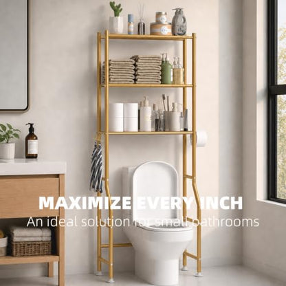 GloTika 3-Tier Over Toilet Storage, Anti-Tilt, 64" H, Gold | Anti-Tilt Safety System, 150lb Capacity, Carbon Steel, Freestanding, No Drilling, Anti-Rust Coating, Paper Holder & 4 Hooks - color: Gold, size: 3-Tier