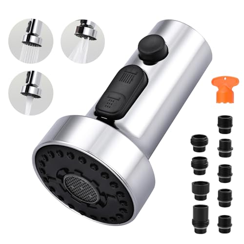 Pull Down Faucet Head Replacement: 3-Function Kitchen Faucet Sprayer Head Replacement with 9 Adapters - Chrome Sink Spray Nozzle Compatible with Moen, Delta, American Standard Faucets - color: Chrome