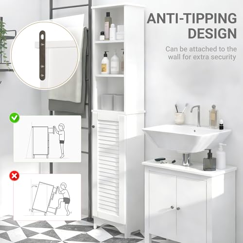 HOMCOM Tall Bathroom Storage Cabinet Freestanding with 3-Tier Shelf White | Linen Tower, Open Adjustable Shelf