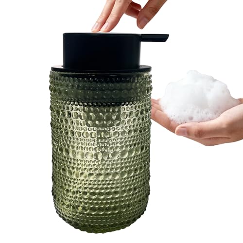 Foaming Soap Dispenser, Refillable Clear Glass Pump Bottle, 13.5 Fl Oz Vintage Foam Dispenser with Black Pump, Multi-Use for Bathroom Kitchen Hand Soap & Lotion, Modern Home Decor (Green) - color: Green