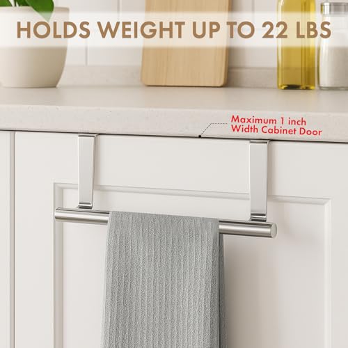 Over Cabinet Towel Bar with Hooks, 14 Inch | Brushed Stainless Steel Over The Door Towels Rack for Home Kitchen Inside Outside Cabinets Doors Hand Dish Towels Washcloths
