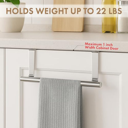 Over Cabinet Towel Bar with Hooks, 14 Inch | Brushed Stainless Steel Over The Door Towels Rack for Home Kitchen Inside Outside Cabinets Doors Hand Dish Towels Washcloths