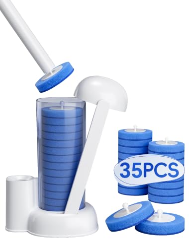 Disposable Toilet Brush System, Toilet Bowl Cleaning Wand with Lift-to-Open Refill Case, Blue Refill Heads and Freestanding Holder, 1 Wand and Holder Set with 35 Blue Refills