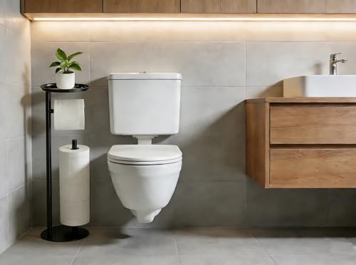 Toilet Paper Holder Black Metal Free Standing Bathroom Paper Holder Stand with Anti-Slip Base and Storage Shelf,Roll Tissue Holder Dispenser for 4 Reserve Rolls