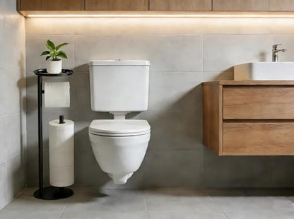 Toilet Paper Holder Black Metal Free Standing Bathroom Paper Holder Stand with Anti-Slip Base and Storage Shelf,Roll Tissue Holder Dispenser for 4 Reserve Rolls