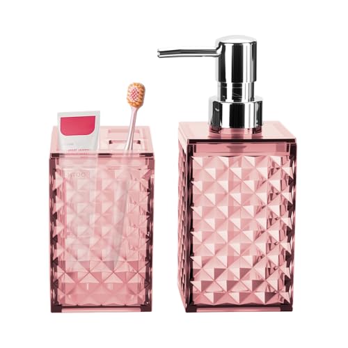 RRM Pink Bathroom Accessories Set, Soap Dispenser and Toothbrush Holder | Diamond Pattern Bathroom Set for Boho Bathroom Decor - color: Pink