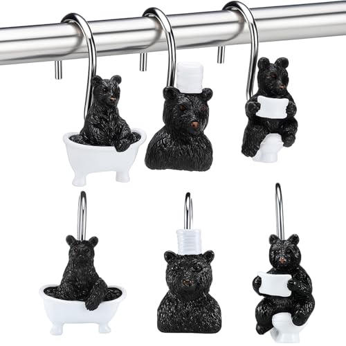 Roowest 12 Pcs Black Bear Shower Curtain Hooks Funny Bear Shower Curtain Hooks Stainless Steel Rust Resistant Rings Hangers for Winter Farmhouse Rustic Bathroom Decor - style: Black Bear