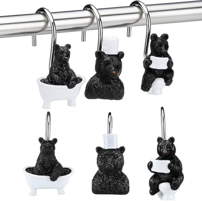 Roowest 12 Pcs Black Bear Shower Curtain Hooks Funny Bear Shower Curtain Hooks Stainless Steel Rust Resistant Rings Hangers for Winter Farmhouse Rustic Bathroom Decor - style: Black Bear