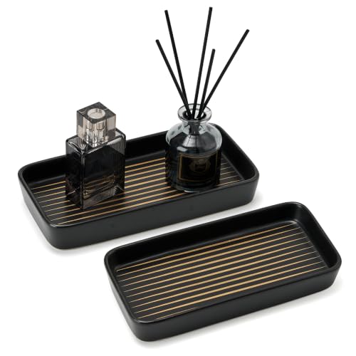 Bathroom Vanity Tray for Countertop,2PC Rectangle Striped Tray,Decorative Bathroom Organizer for Scrubber, Lotion Bottles, Perfume, Jewelry, Candle, Key Trinket Ring(Small,Black) - color: Black Color With Golden Stripes-2 Pcs
