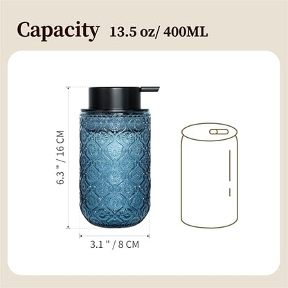 13.5 oz Glass Soap Dispenser, Luxurious Floral Embossed Glass Bathroom Countertop Foaming Pump for Kitchen Vanity (Blue) - color: Blue