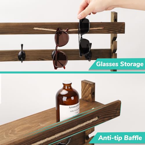 AMBIRD Wall Hooks with Shelf 28.9inch Entryway Wall Hanging Shelf, Wood Coat Hooks, Coat Rack Wall Mount Rack with 5 Dual Hooks, Glasses Organizer and Hat Organizer - style: 5 Hooks