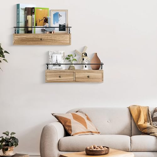dreampossible 2-Pack Rustic Floating Shelves with Drawer, Wall Mounted Bathroom Shelf, 15.8 Inch Long, Brown Wood & Metal, 30 lbs Capacity - color: Brown, size: 15.8 Inch Long