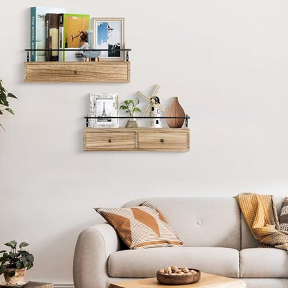 dreampossible 2-Pack Rustic Floating Shelves with Drawer, Wall Mounted Bathroom Shelf, 15.8 Inch Long, Brown Wood & Metal, 30 lbs Capacity - color: Brown, size: 15.8 Inch Long