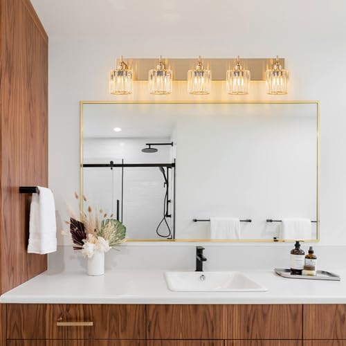 Modern Crystal Bathroom Vanity Lights, Gold 5-Lights Bathroom Light Fixtures Over Mirror, Crystal Wall Lighting with Polished Brass Finish - color: Gold-Round Shade, size: 5-Light