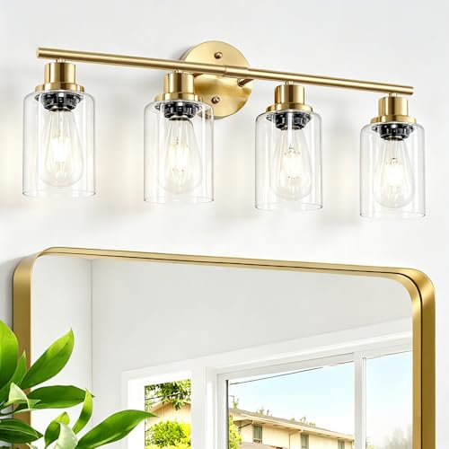 4-Light Gold Bathroom Light Fixtures, E26 Modern Vanity Lights for Bathroom with Clear Glass Shade, Wall Lamps for Mirror Hallway Kitchen Cabinet Living Room Sconces Lights - color: Gold & Clear Glass Shade, size: 24.6 Inch : 4-Light