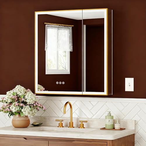 30x32 Premium Gold Framed Led Medicine Cabinet Mirror for Bathroom, 3-Color/Dimmable, Anti-Fog, Plug-in & Hardwired, Surface Mount & Recessed, Centered Outlets & USB Ports, Magnetic Area - color: Gold, size: 30x32(R)