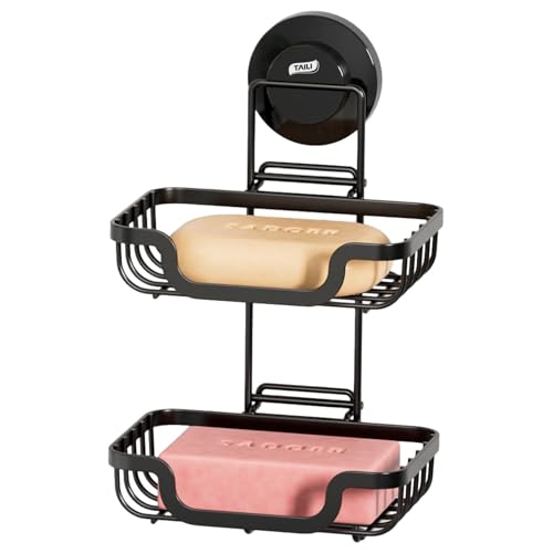 TAILI Double Layer Soap Holder, Drill-Free Bar Soap Dish Tray Suction Cup, Draining for Shower Wall, Bath Storage, Rustproof Stainless Steel Sponge Holder for Tub, Kitchen, Black - color: Black, size: 2 Tier